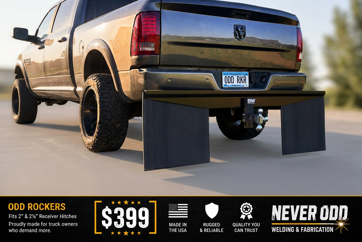 Odd Rockers mud flap system installed on a pickup truck receiver hitch